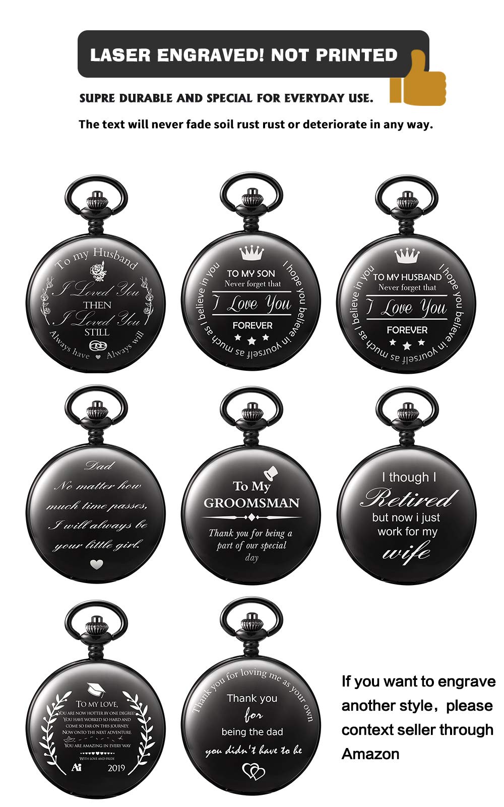 TREEWETO Mechanical Personalized Engraved Pocket Watch Skeleton Double Cover Roman Numerals Dial Personalized Gift with Box and Chain for Men Gift for Dad Son