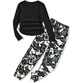 Glaoly Girls' Clothing Sets Ribbed Knit Crewneck T-Shirt & Camo Print Elastic Waist Pants Girls Clothes Size 6-16Y
