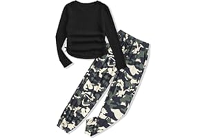 Glaoly Girls' Clothing Sets Ribbed Knit Crewneck T-Shirt & Camo Print Elastic Waist Pants Girls Clothes Size 6-16Y