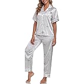 Silk Pajamas for Women Set Short Sleeve Sleepwear Button Down Shirt with Long Pants 2 Piece Striped Soft Pj Set
