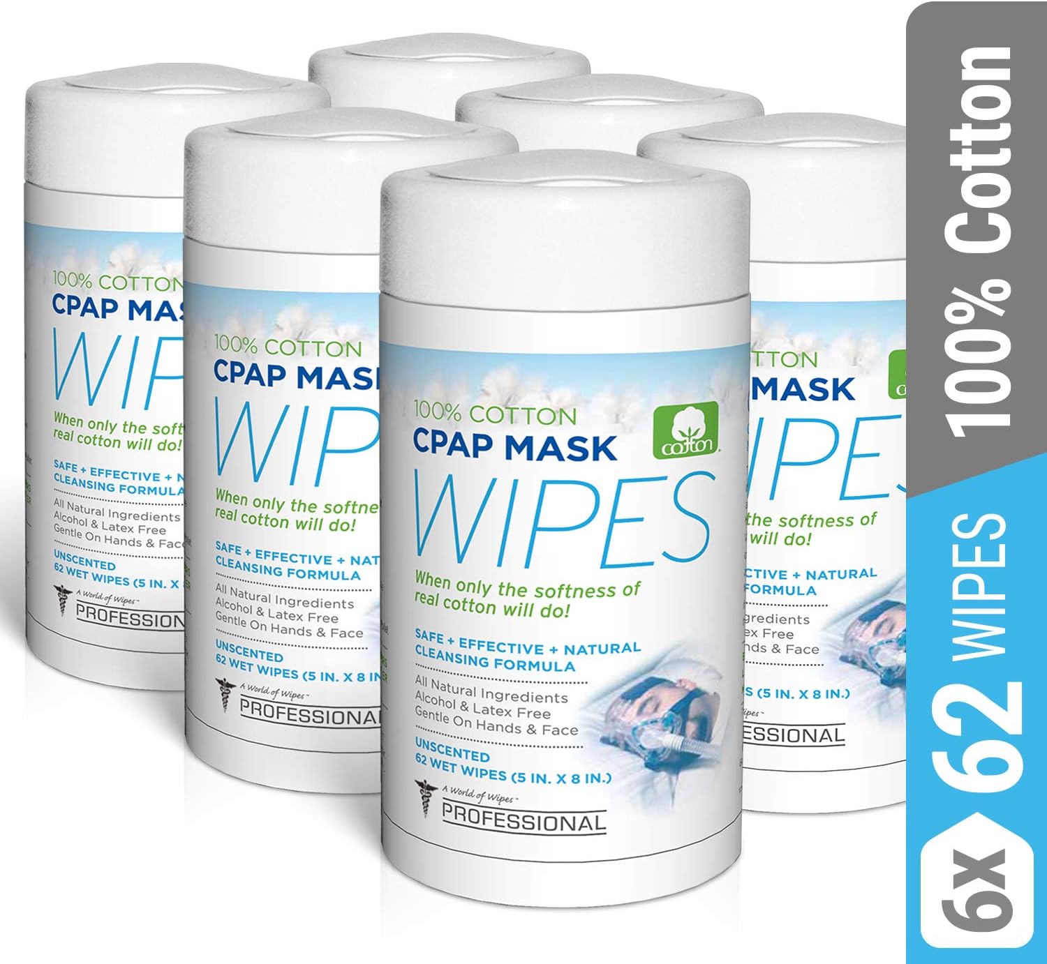 CPAP Wipes by AWOW Professional | 372 CPAP Unscented Cotton Mask Cleaning Wipes, 6 Canisters of 62 Wipes