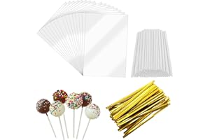 300 Pcs Cake Pop Sticks and Wrappers Kit Including 100 6 Inch Paper Lollipop Sticks 100 Clear Candy Treat Bags Parcel 100 Gol