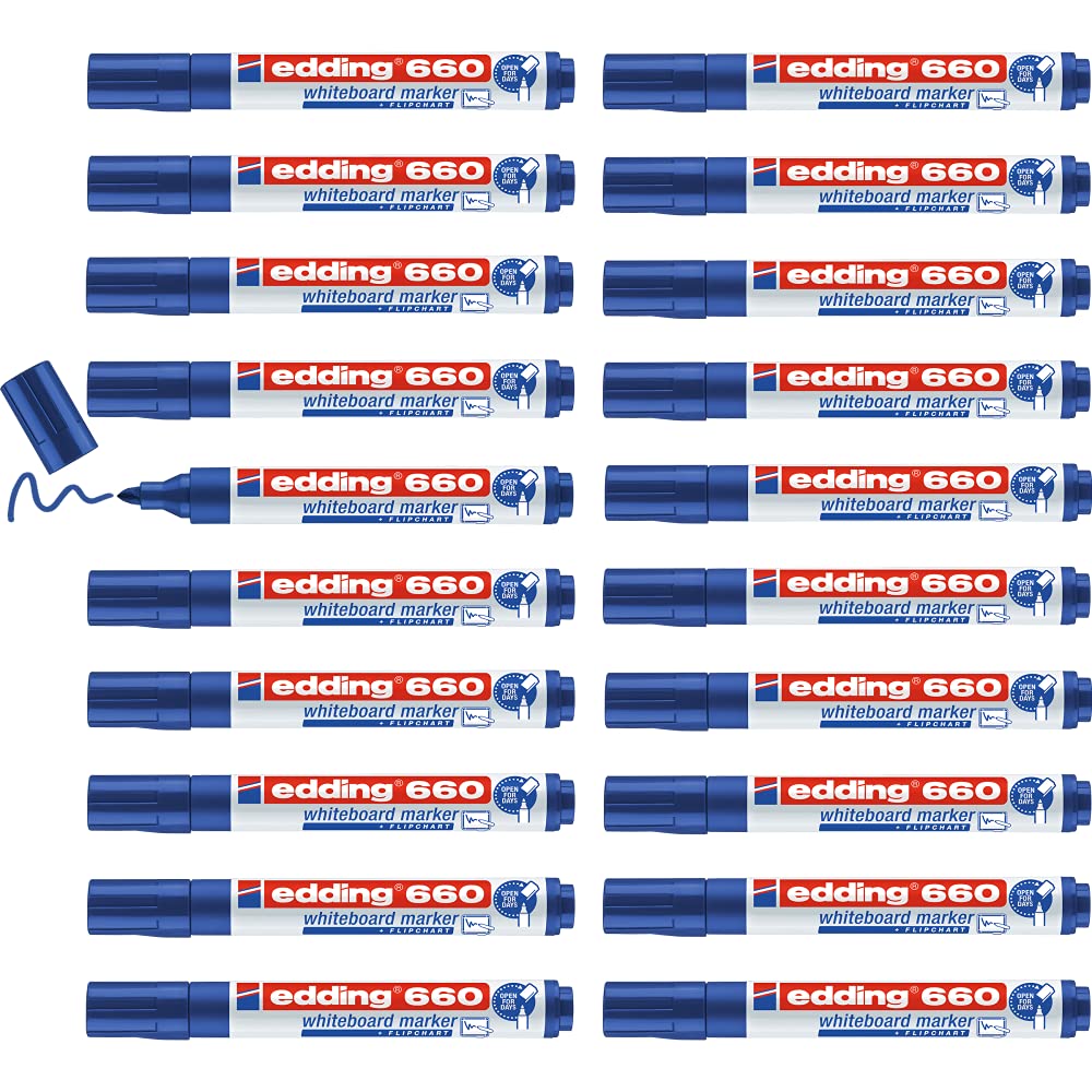 edding 660 whiteboard marker - blue - 20 whiteboard pens - round tip 1.5-3 mm - whiteboard pen dry wipe - for whiteboards, flipcharts, pinboards, magnetic and memo boards - sketchnotes - refillable