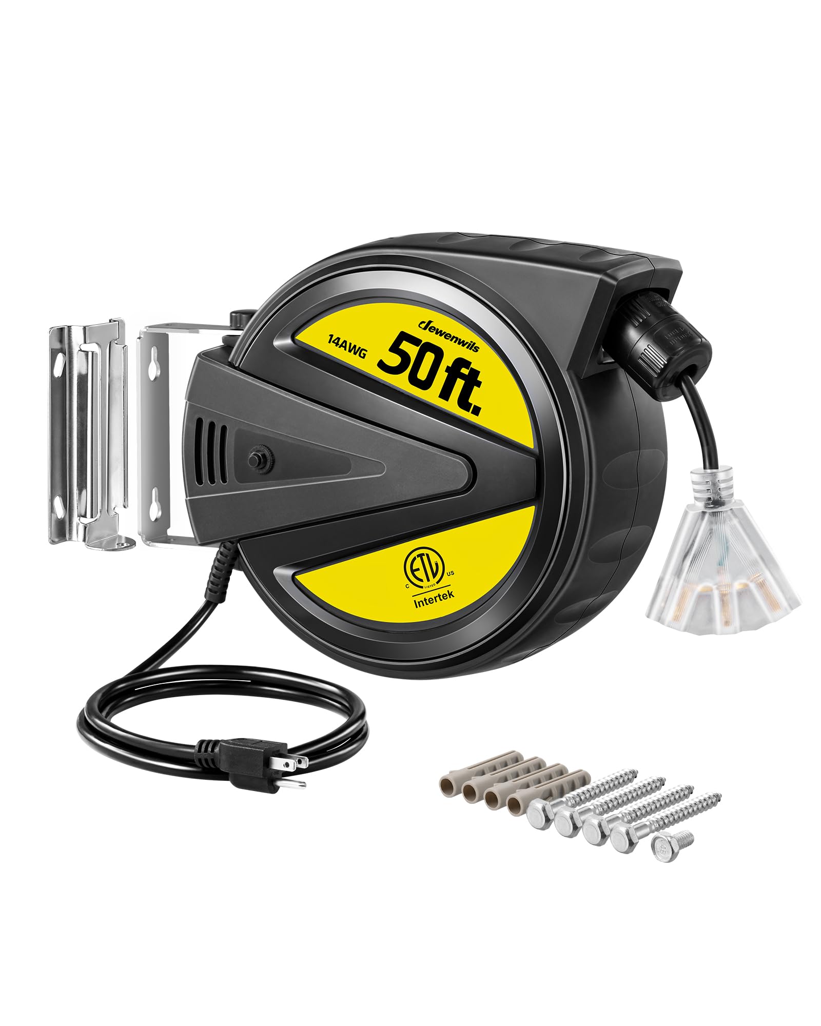 Photo 1 of DEWENWILS Extension Cord Reel, 50FT Heavy Duty Power Cord, 14/3C SJTW, Retractable Cord Reel, 13 Amp Circuit Breaker, Ceiling/Wall Mount Retractable Extension Cord Reel, ETL Listed