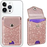 Yiyahu Self Adhesive Card Holders for Back of Phone, Cute Leather RFID Phone Wallet Pockets with Snap, Slim Card Holders Sleeve for Phone Case, Glitter Rose Gold