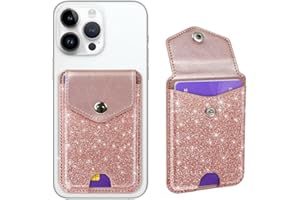 Yiyahu Self Adhesive Card Holders for Back of Phone, Cute Leather RFID Phone Wallet Pockets with Snap, Slim Card Holders Sleeve for Phone Case, Glitter Rose Gold