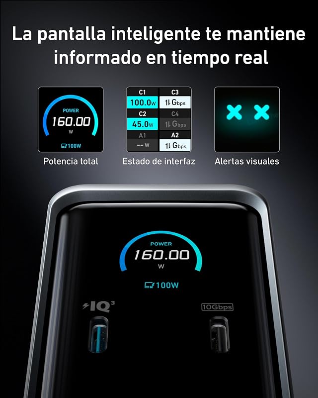 Anker prime port replicator 160w, 14 portas com saída máxima. 160 w, transferência de dados de 10 gbps, interface inteligente em tempo real, áudio e ethernet, tela dupla 4k para macbook dell mobile