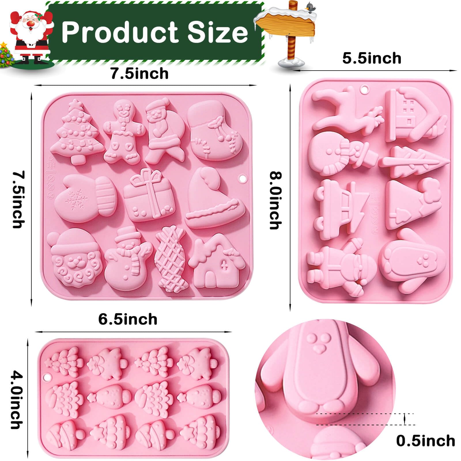 3 Pack Christmas Silicone Baking Mold, Christmas Tree Holiday Silicone Molds Soap Candy Molds for Chocolate Jello Snowman Gingerbread Snowflakes Socks Bells Santa Baking Mold (Xmas-Pink)