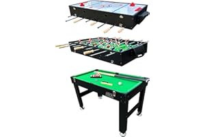 KICK Trio 48" 3-in-1 Multi Game Table (Black and Brown) – Foosball, Pool & Air Hockey Combo for Adults with Uniformed Players, Premium Bearings & Full Accessories