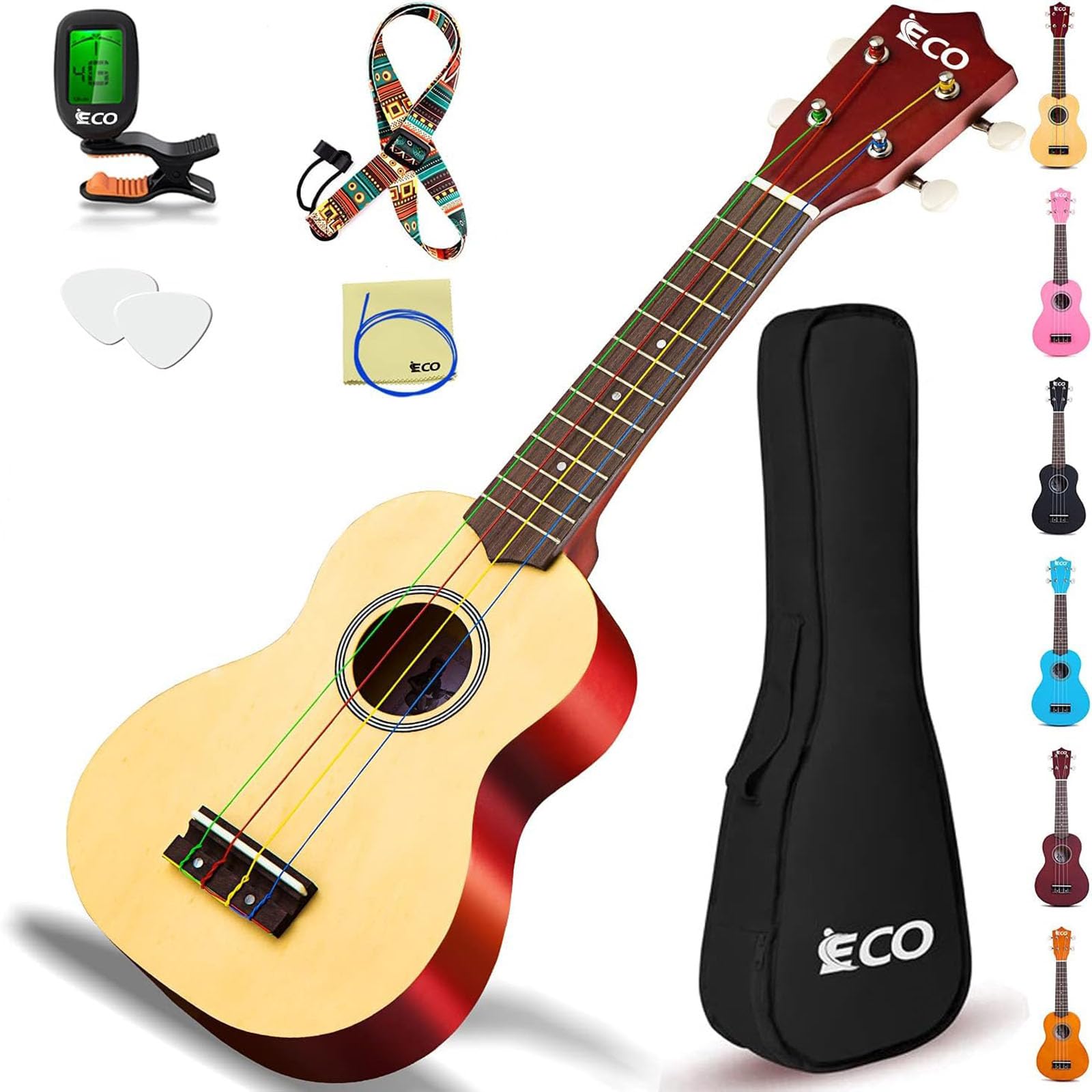 iECO Soprano Ukulele Beginner Kit-21In w/How to play Songbook Carrying bag Digital Tuner All in One Set