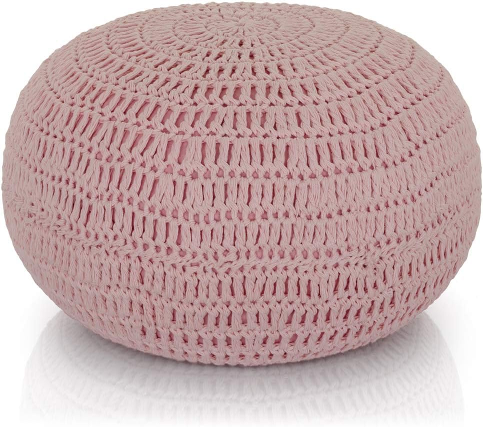 Lincove Hand Knitted Pouf - Cotton Boho Stuffed Pouf Seat Floor Ottoman - Handmade & Hand Knitted Round Pouf (Rose Pink, Knit Pouf)
