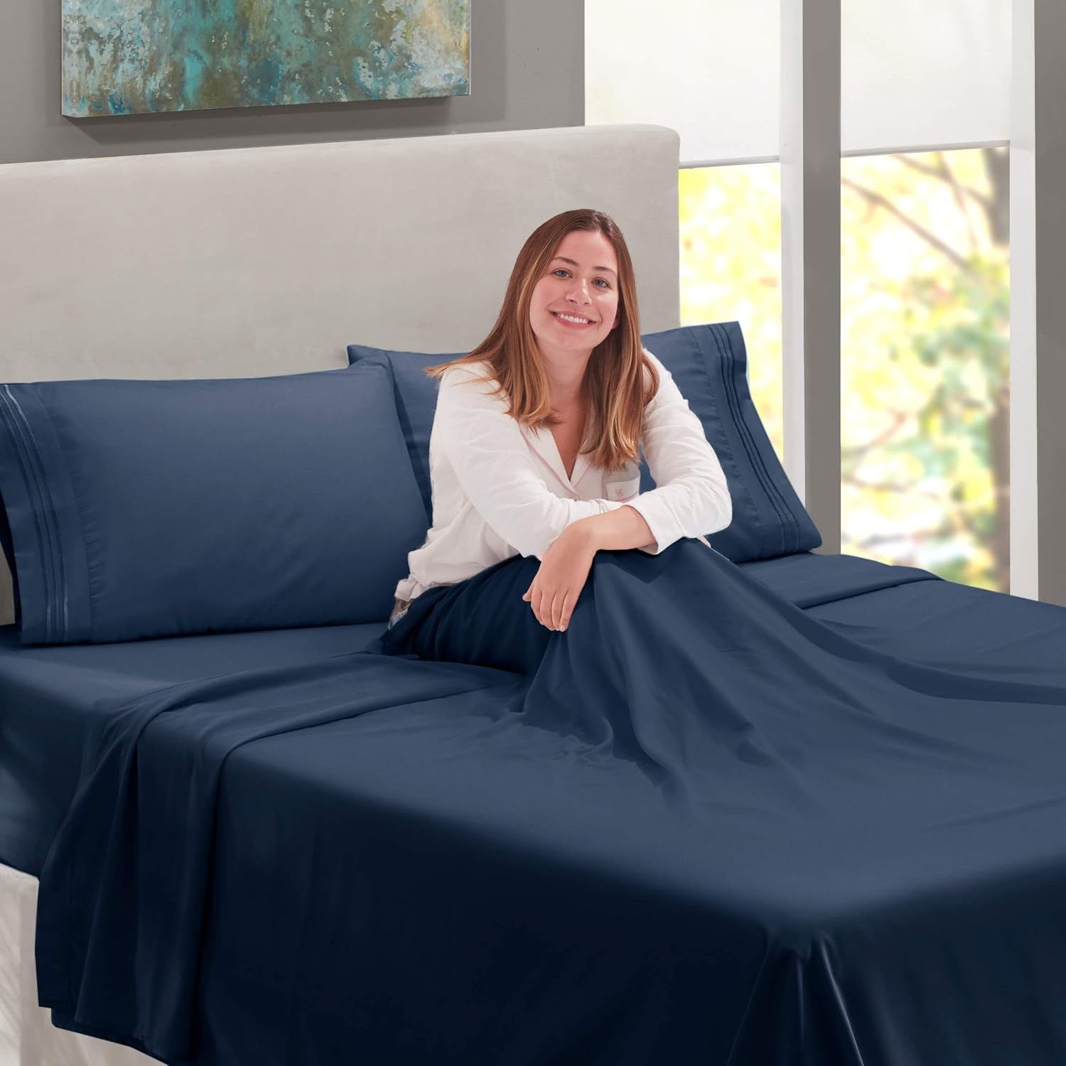 Nestl Luxury Queen Sheet Set - 4 Piece Extra Soft 1800 Microfiber-Deep Pocket Bed Sheets with Fitted Sheet, Flat Sheet, 2 Pillow Cases-Breathable, Hotel Grade Comfort and Softness - Navy Blue: Home & Kitchen