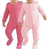 Ekkimy Baby Bamboo Rayon Romper Infant Footies Long Sleeve Double Zipper Outfits 2-Pack One-Piece Jumpsuits
