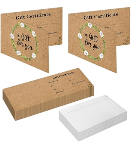 Sinmoe 50 Sets Gift Certificates For Business Kraft Xmas Blank Gift Certificate Cards With 50 Pcs Envelopes For Beauty Salon Restaurant Birthday Client Wedding 3.9 X 5.9 Inch(Blue,Bow
