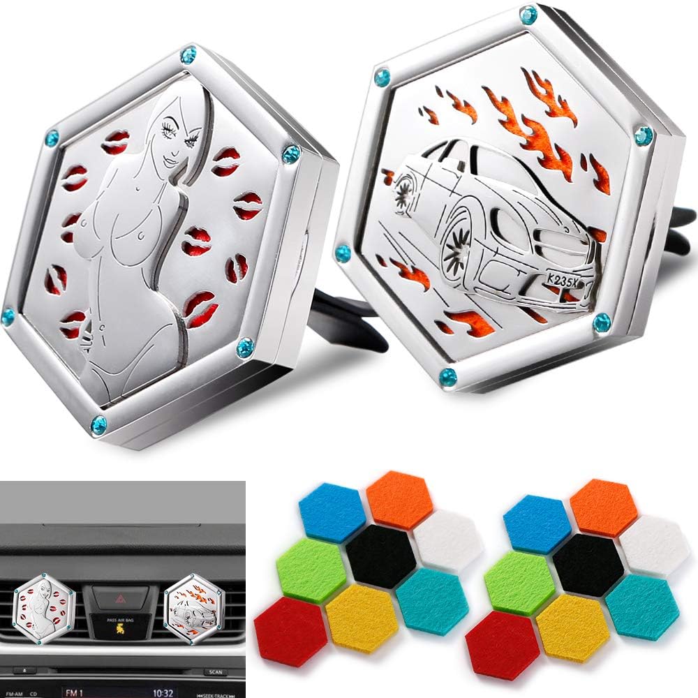 RoyAroma 2PCS Essential Oil Car Diffuser Stainless Steel Hexagon Locket Vent Clip with 16PCS Felt Pads-Car & Sexy Lady