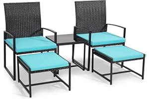 Murago 5 Pieces Wicker Patio Conversation Sets, Rattan Furniture Set with Coffee Table and 2 Ottomans, Ideal for Porch, Garden, Yard, Poolside, Black Rattan with Light Blue Cushion