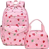 DSIUE Kids Backpack for Girls Elementary BookBags Teens Middle School Backpack with Lunch Box Strawberry Pink