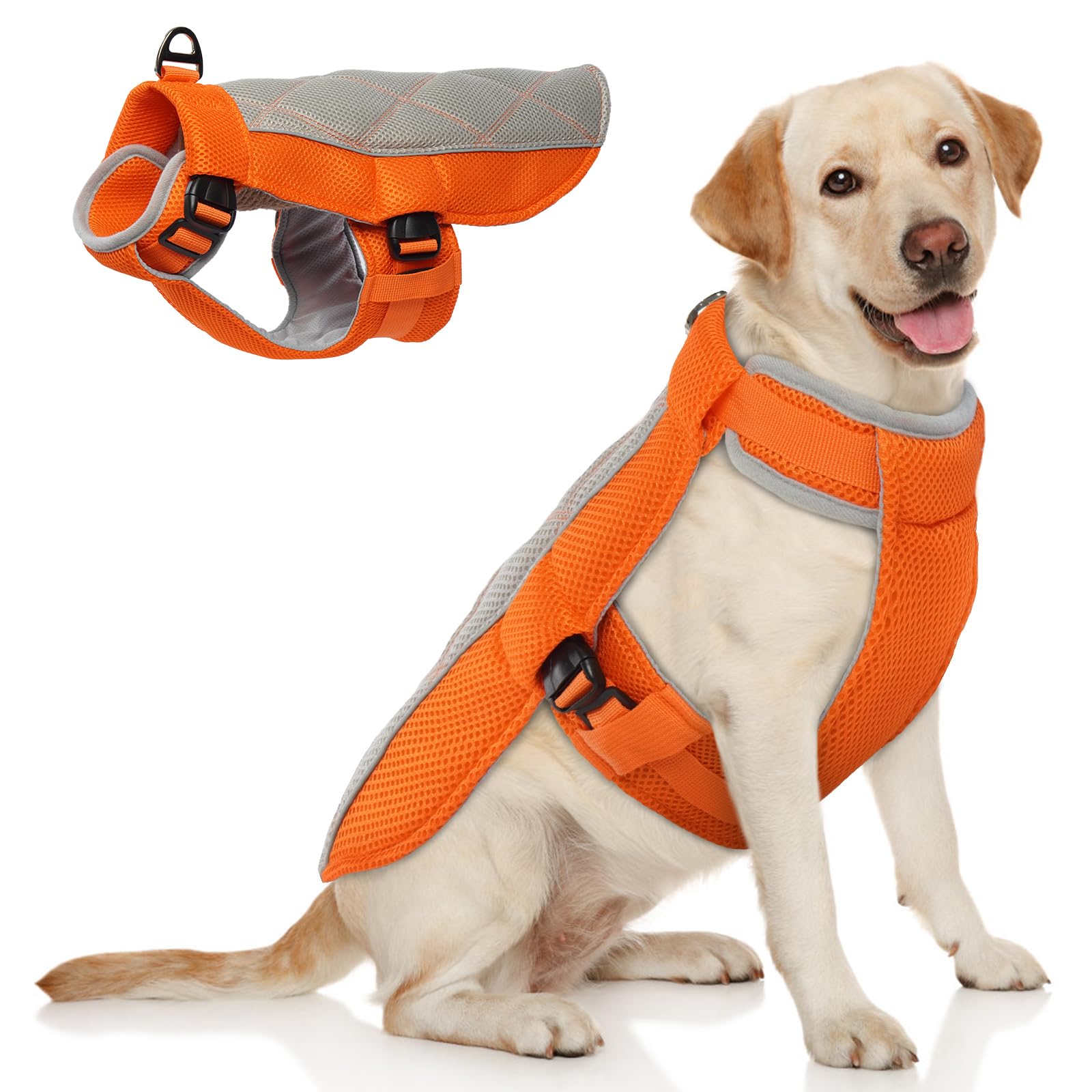 Dog Cooling Vest, Summer Dog Cooling Coat with Adjustable Neck and Tummy, Summer Cool Jacket with with Harness, Longer Coolness for Walks, Hikes, Beach Trips, Orange L