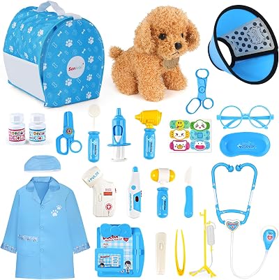 Sanlebi Doctors Set for Kids Vet Kit with Plush Dog Blue 25Pcs