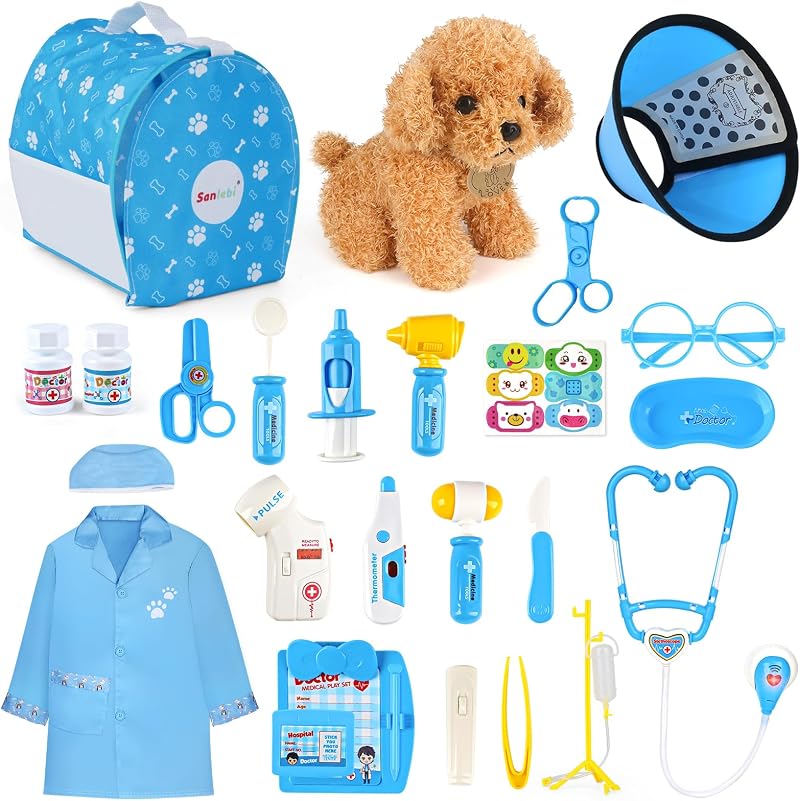 Sanlebi Doctors Set for Kids Vet Kit with Plush Dog Blue 25Pcs
