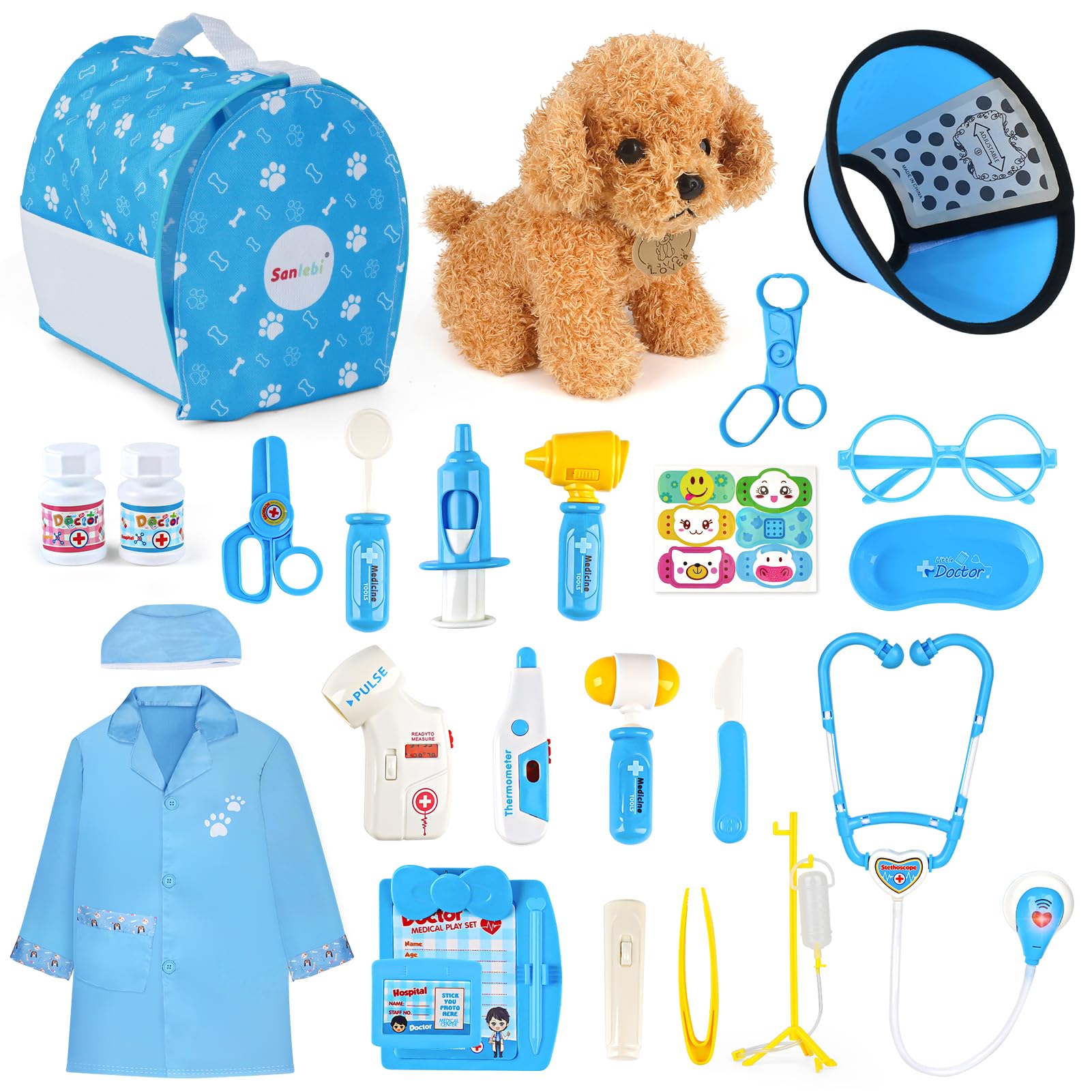 Sanlebi Doctors Set for Kids - Children Pet Vet Care Play Set with Doctor Costume, Plush Dog, Pretend Role Play Medical Kit Toys Gifts for 3 4 5 6 Year Old Girls (Blue)