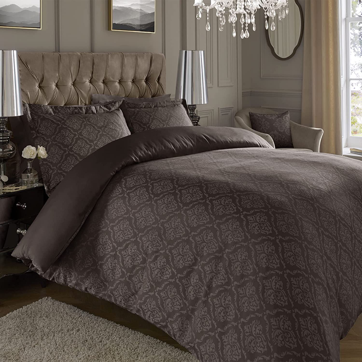 ED Luxury 600 Thread Count Jacquard Duvet Cover 3 Piece Set | Super Soft Cotton Rich & Warm Bedding | Damask Pattern Quilt Cover (Double, Dark Grey Damask)
