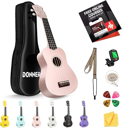 Donner Soprano Ukulele DMU-01 21in Macaron Light Pink Bundle Kit