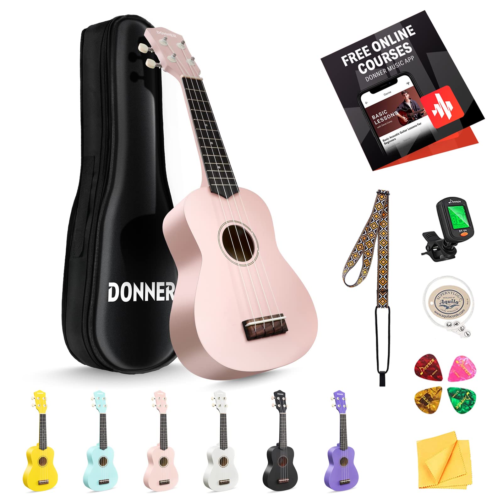 Donner Soprano Ukulele for Beginner Ukelele with Free Online Lesson Bag Strap String Tuner Picks, DMU-01 21 Inch Matte ukalalee Bundle Kit Macaron Series-Light Pink — image 1