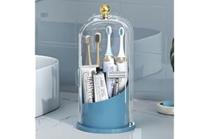 Delamu Toothbrush Holders with 360° Smooth Rotating Base, 3 Slots Bathroom Organizer Countertop with Sliding Lid, Brush Toothpaste Holder Makeup Brush Organizer for Vanity, Blue