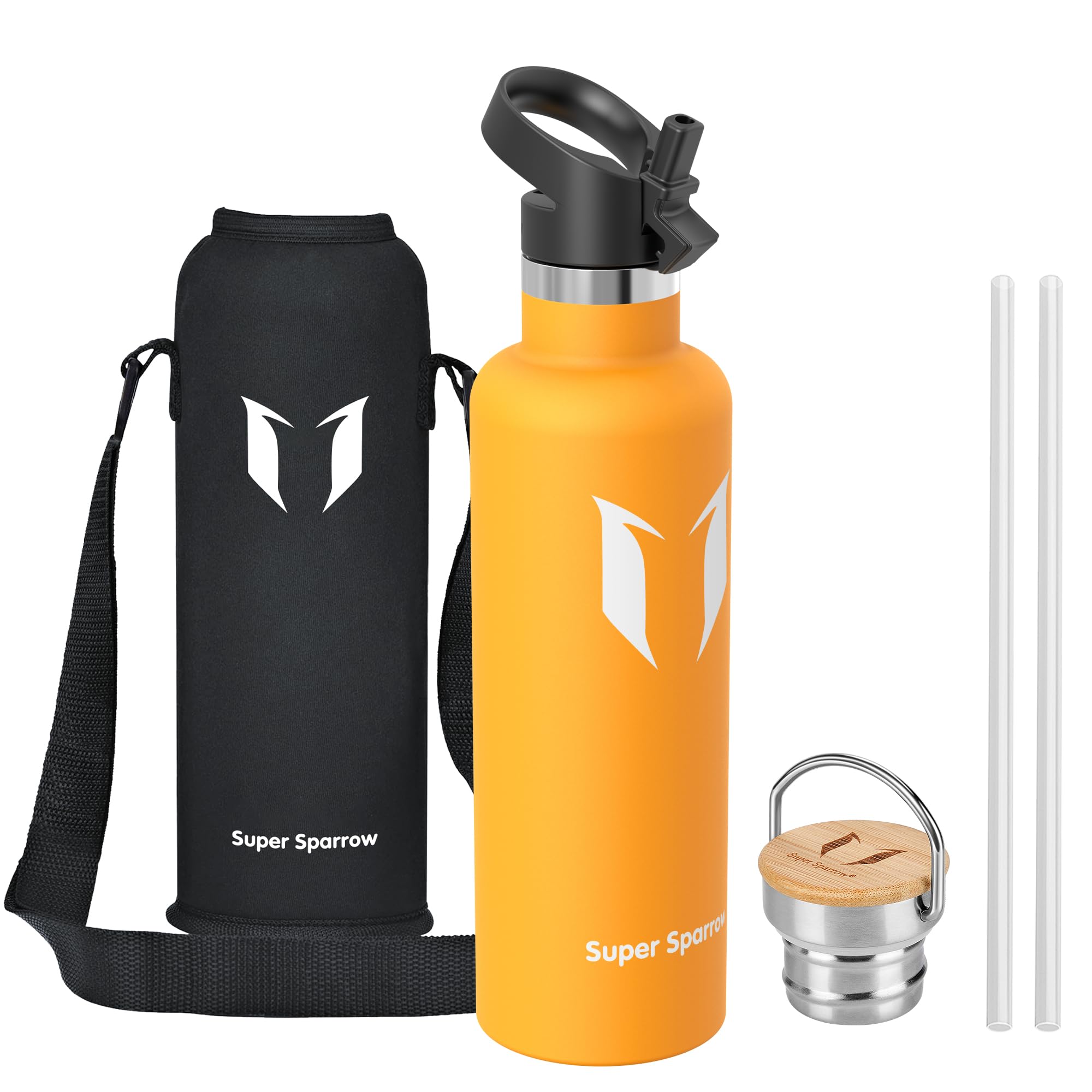 Super Sparrow Water Bottle Stainless Steel - 1000ml - Insulated Metal Water Bottles - Standard Mouth Flask - BPA Free - Straw Bottle for Work, Gym, Sports - 2 Lids