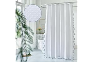 youngseahome Waffle Weave 230GSM Heavy Duty Fabric with Water Blue Scalloped Border Shower Curtain,Boho Chic Cloth Shower Curtain for Bathroom Showers,72 x 72 Inches