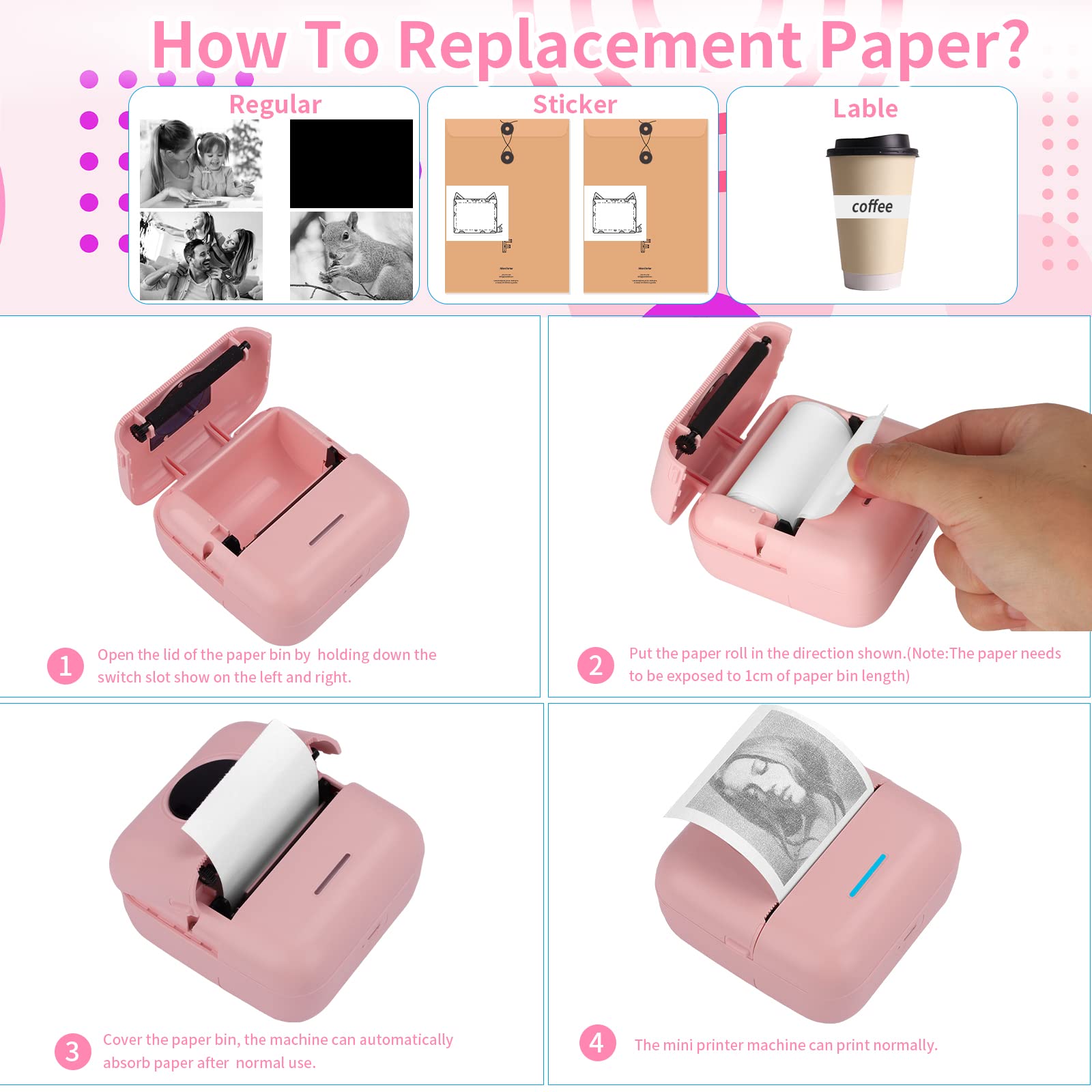 HuiJuKeJi Mini Sticker Printer Bluetooth Smart Pocket Inkless Thermal Printer with 11 Rolls Thermal Paper and Sticker for iOS&Android Print Pod, Portable Receipt Printer for Photo Journal Notes Memo