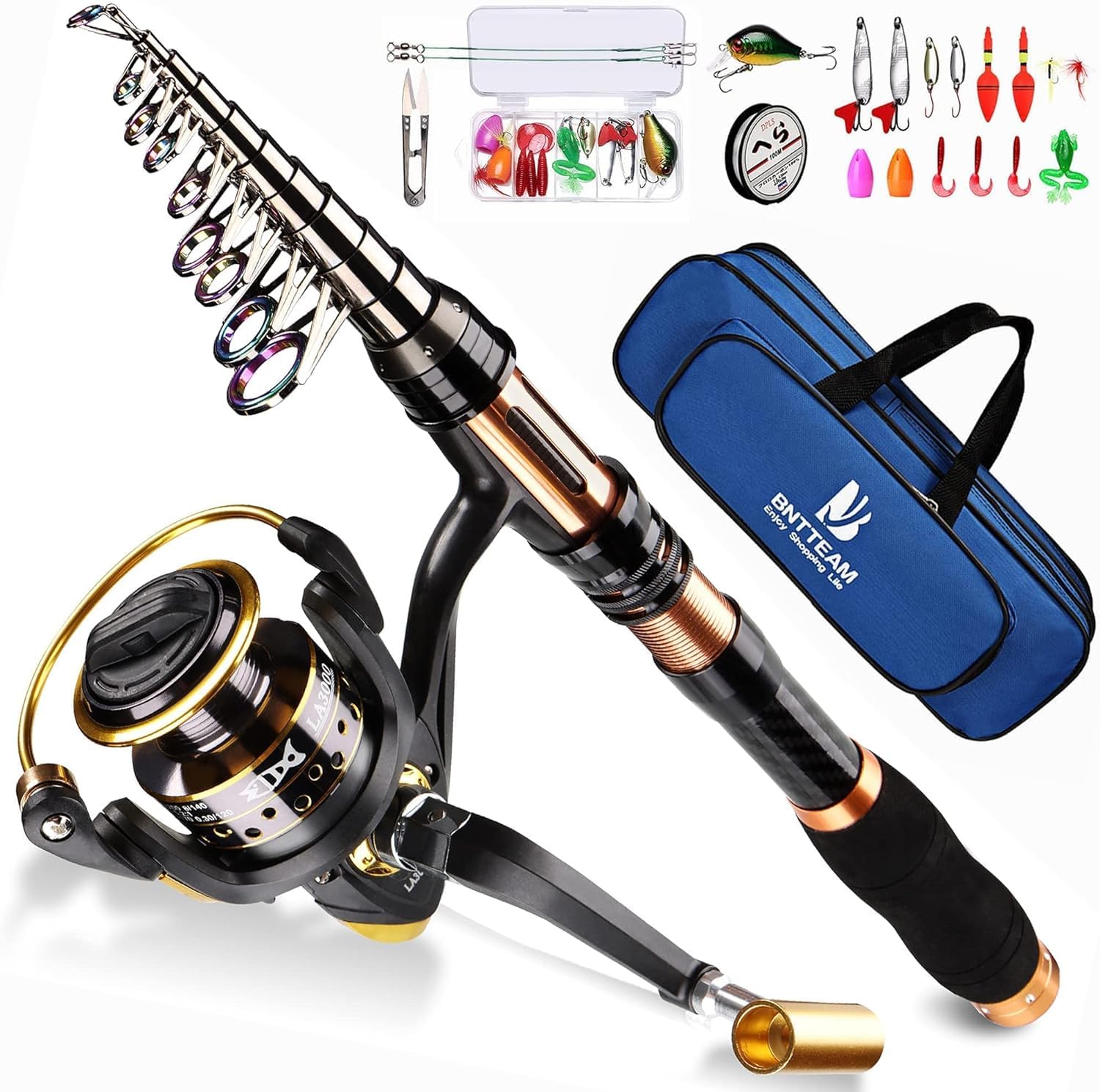 BNTTEAM Portable Fishing Spinning Rod and Reel Combo set Carbon Fiber Fluorescent Rod Tip, with Fishing Lures Line Carrier Bag Kits for Travel Surf Saltwater Freshwater