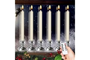 WONDISE Flameless Window Candles with Remote & Timer, 10" Battery Operated 3D Wick LED Flickering Taper Candle for Christmas Decorations, Removable Silver Holder and Suction Cups Included(6 Pack)