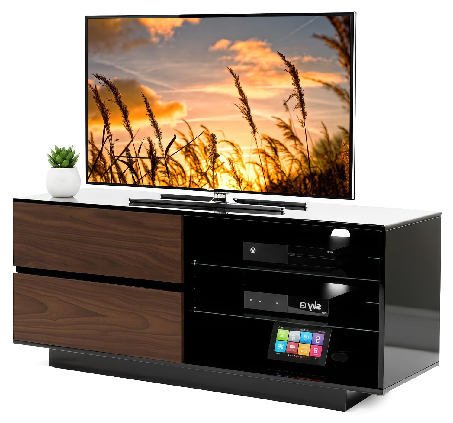 Centurion Supports Gallus High Gloss Black 4-Drawers & 3-Shelf 26"-45" LED/OLED/LCD TV Cabinet (Walnut)