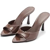 Riekhany High Heel Mules for Women Slip On Open Pointed Toe Classy Patent Leather Stiletto Pumps Formal Slingback Mule Sandals Dress Walking Shoes