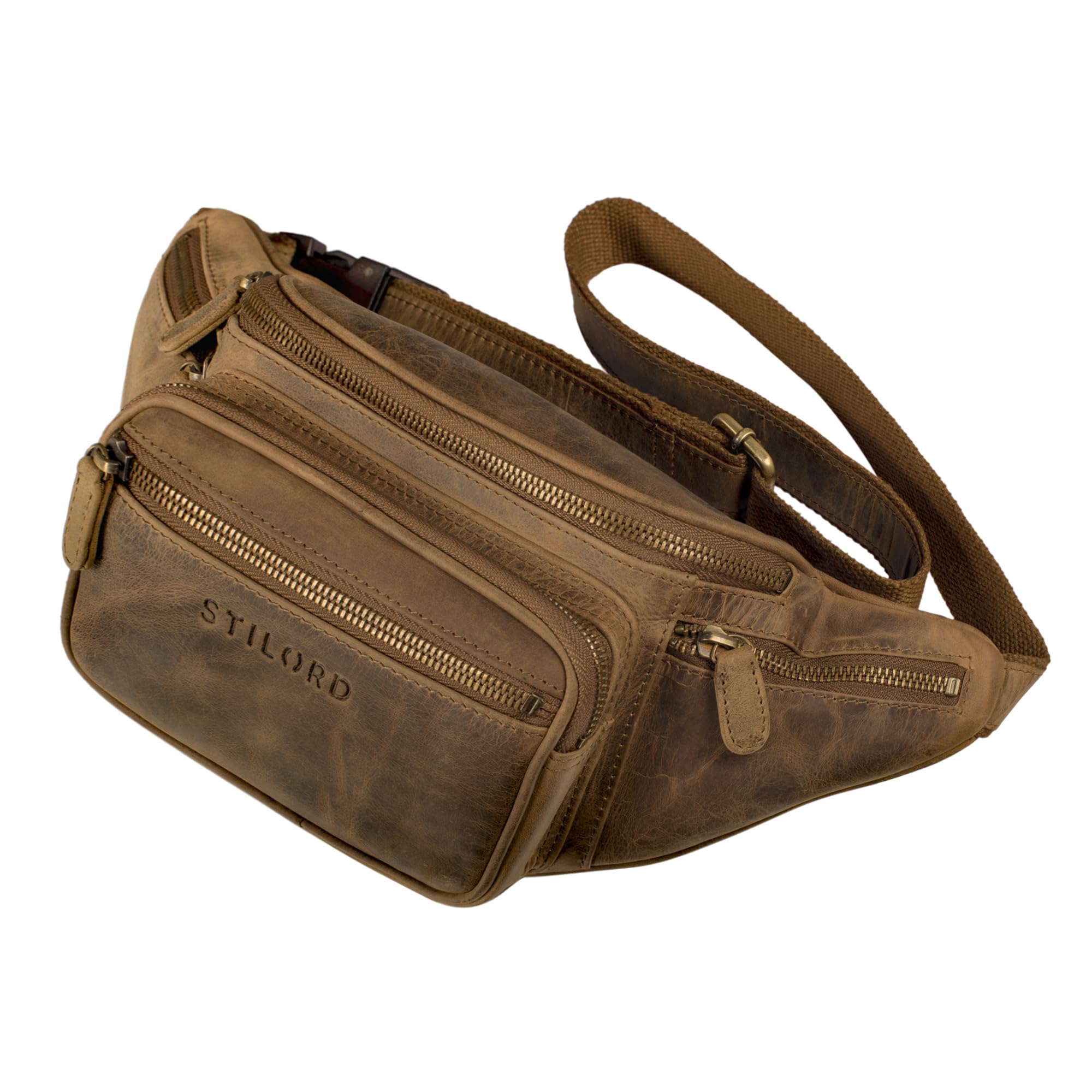 STILORD "Caspar" Large Leather Fanny Pack – Vintage Belt Bag for Men & Women, Crossbody Bag for Running, Festivals & Travel – Real Leather Waist Bag with 6 Compartments Colour:Middle Brown