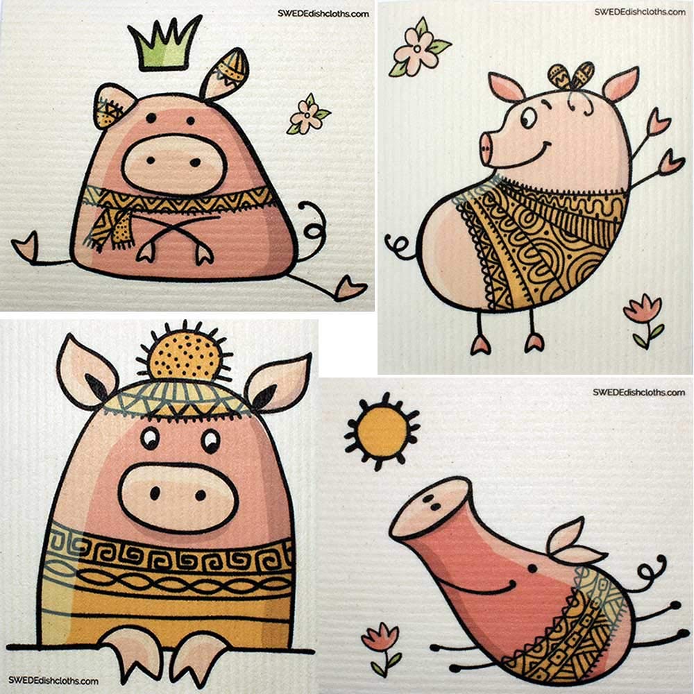 Swedish Dishcloths “Mixed Cute Pigs” Set of 4 cloths (One of Each Design) | ECO Friendly Absorbent Spongeloth…