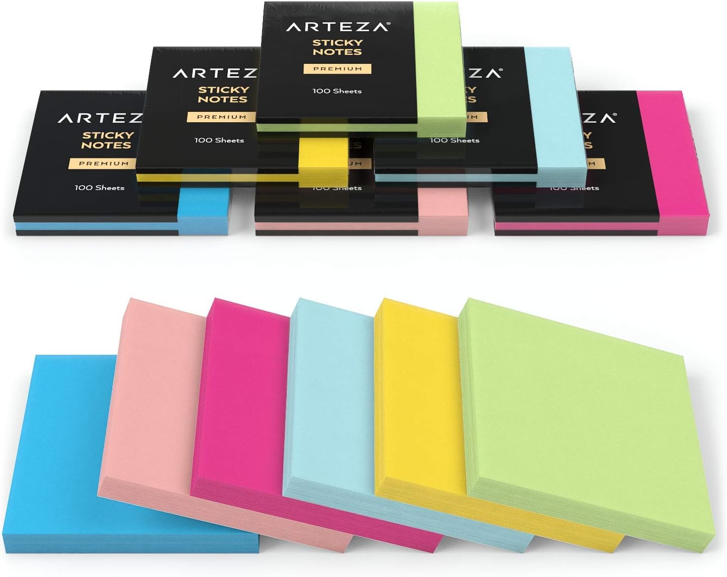 Arteza Sticky Notes, 12 Pads, 100 Sheets Each, 3 x 3 Inches, 6 Assorted Colors, Re-Adhesive, Office Supplies for to-Do Lists, Reminders, and Studying : Office Products