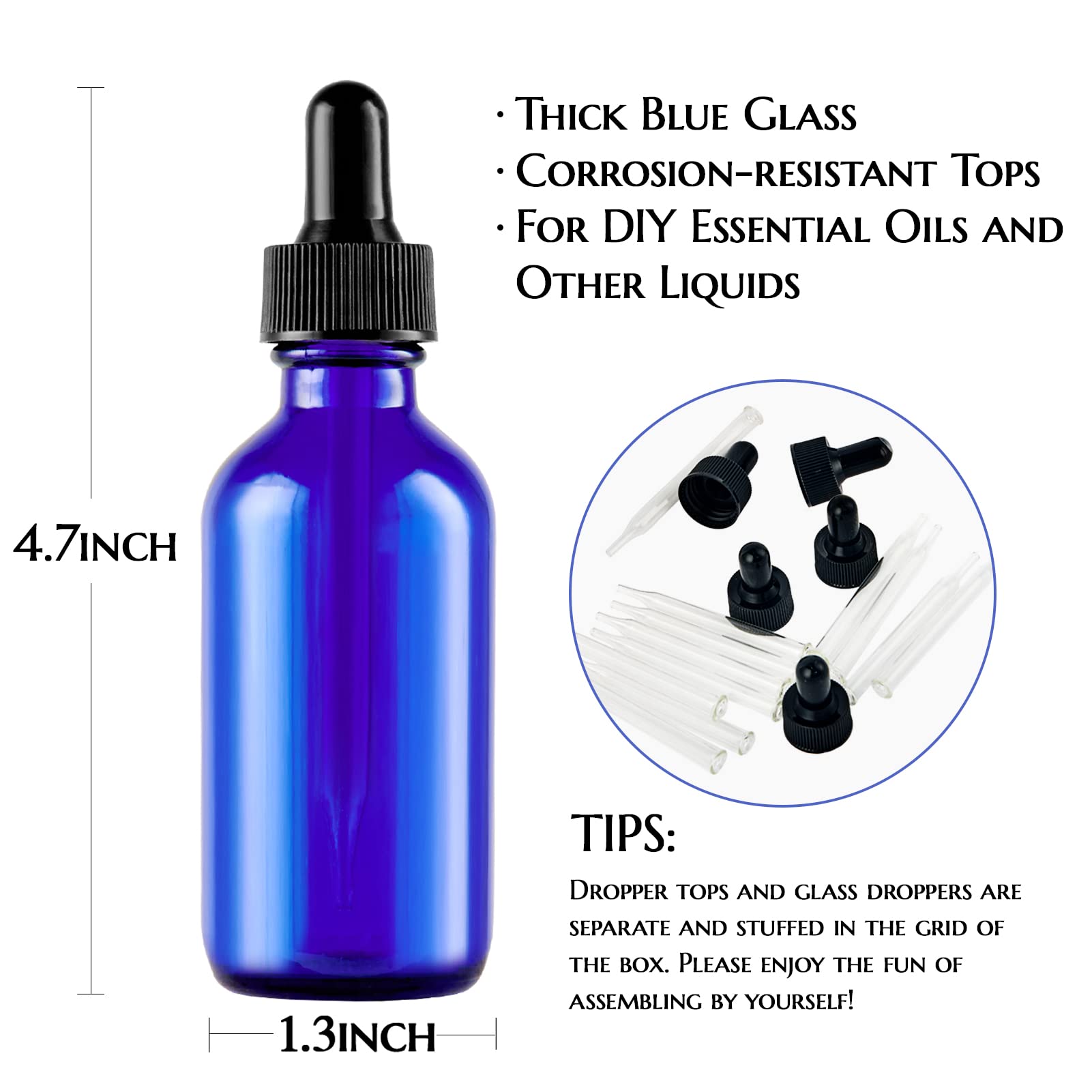 Eye Dropper bottle, Hoa Kinh 24 Pack 2 Oz 60ml Blue Glass Bottles, with Glass Eye Droppers for Essential Oils