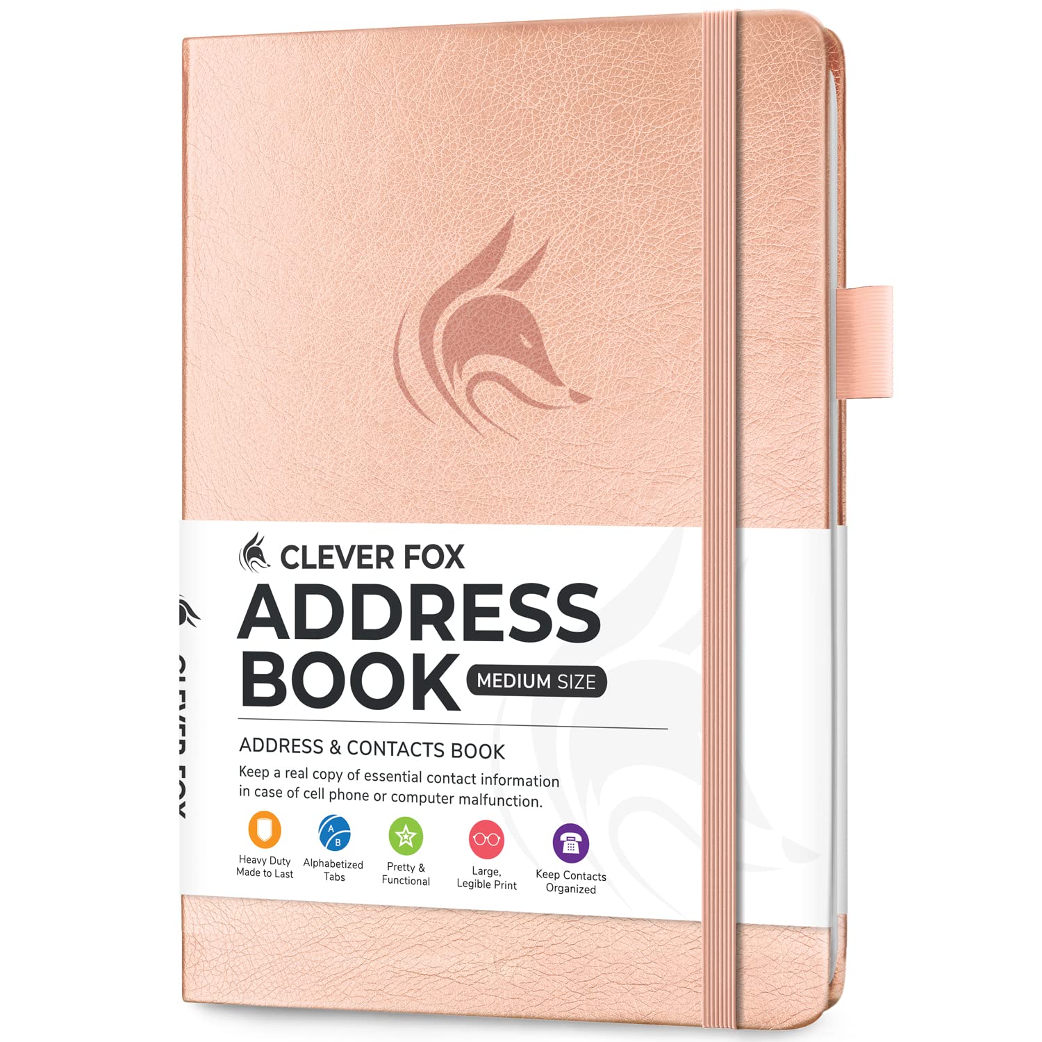 Clever Fox Address Book with alphabetic tabs - PU Leather Telephone and Address Book for Keeping Contacts Safe, Contact Organizer Journal, Medium Size (13.5 x 19cm) Hardcover, Rose Gold