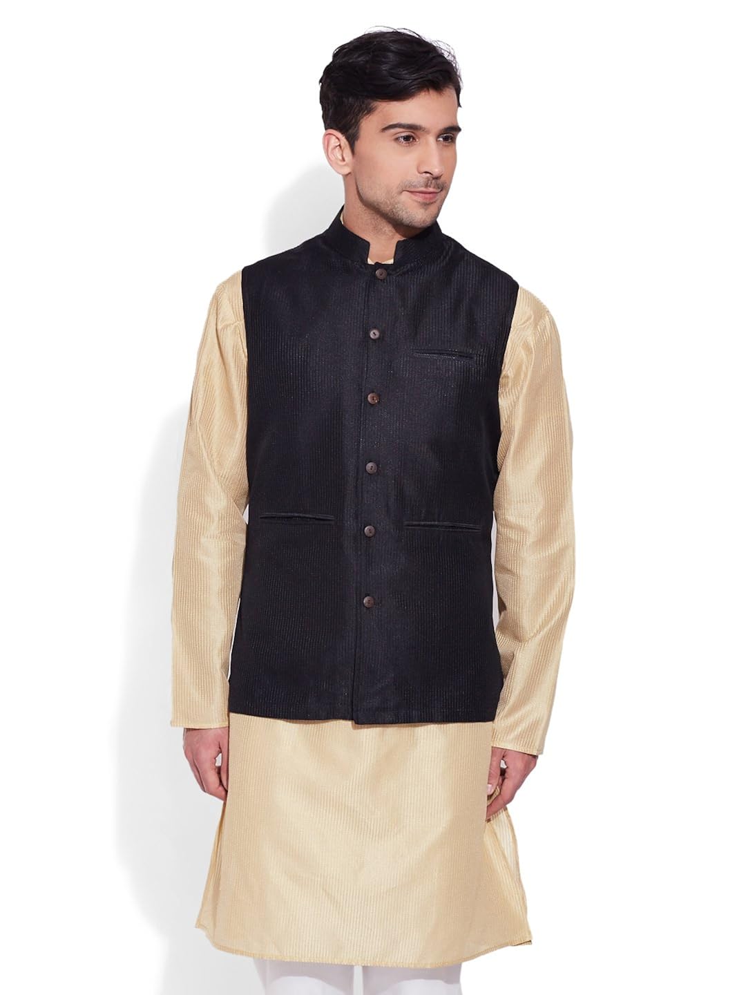 very me men's designer black faux silk textured nehru jacket