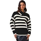 Allegra K Women Long Sleeve Pullover Sweaters Striped Lapel Collar Color Block Casual Loose Blouses Tops