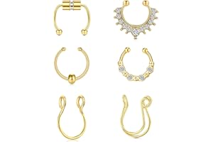 QWALIT Fake Nose Ring Gold Fake Septum Ring Hoop Silver Faux Septum Piercing Clip on Lip Ring Stick on Nose Stud Non Piercing Ear Earring Cuffs Gold Lip Cuff Non Pierced