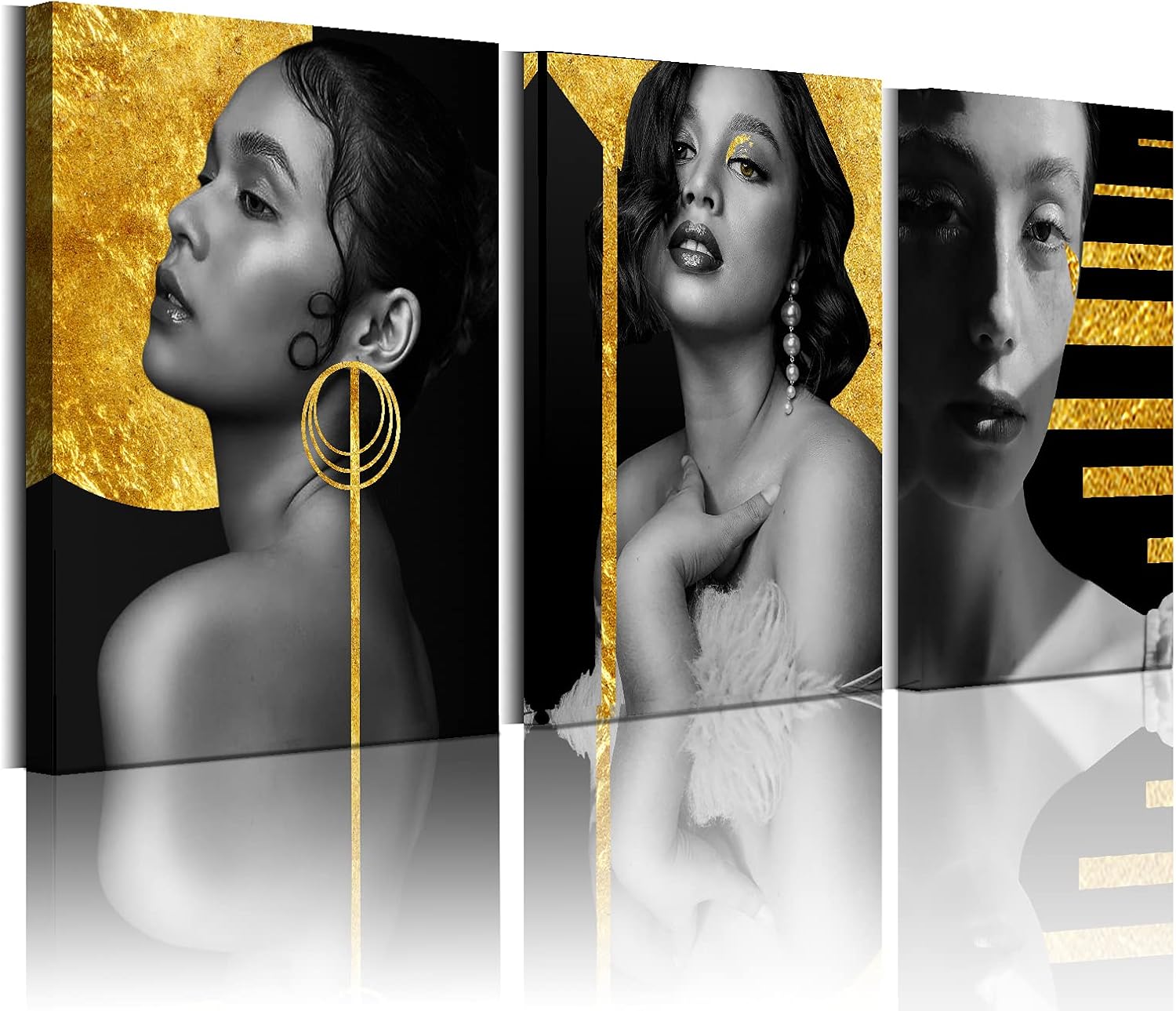 Aesthetic Black and Gold Women Wall Picture for Living Room Bedroom Wall Decor 12x16inch in 3 Panels with Frame Beautiful Woman Portrait Canvas Wall Art Bathroom Decorations Prints Artwork