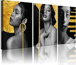 Aesthetic Black and Gold Women Wall Picture for Living Room Bedroom Wall Decor 12x16inch in 3 Panels with Frame Beautiful Woman Portrait Canvas Wall Art Bathroom Decorations Prints Artwork