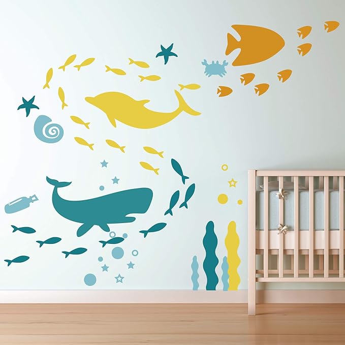 Ocean Wall Decal Under The Sea Fish Vinyl Wall Stickers for Kids Boys