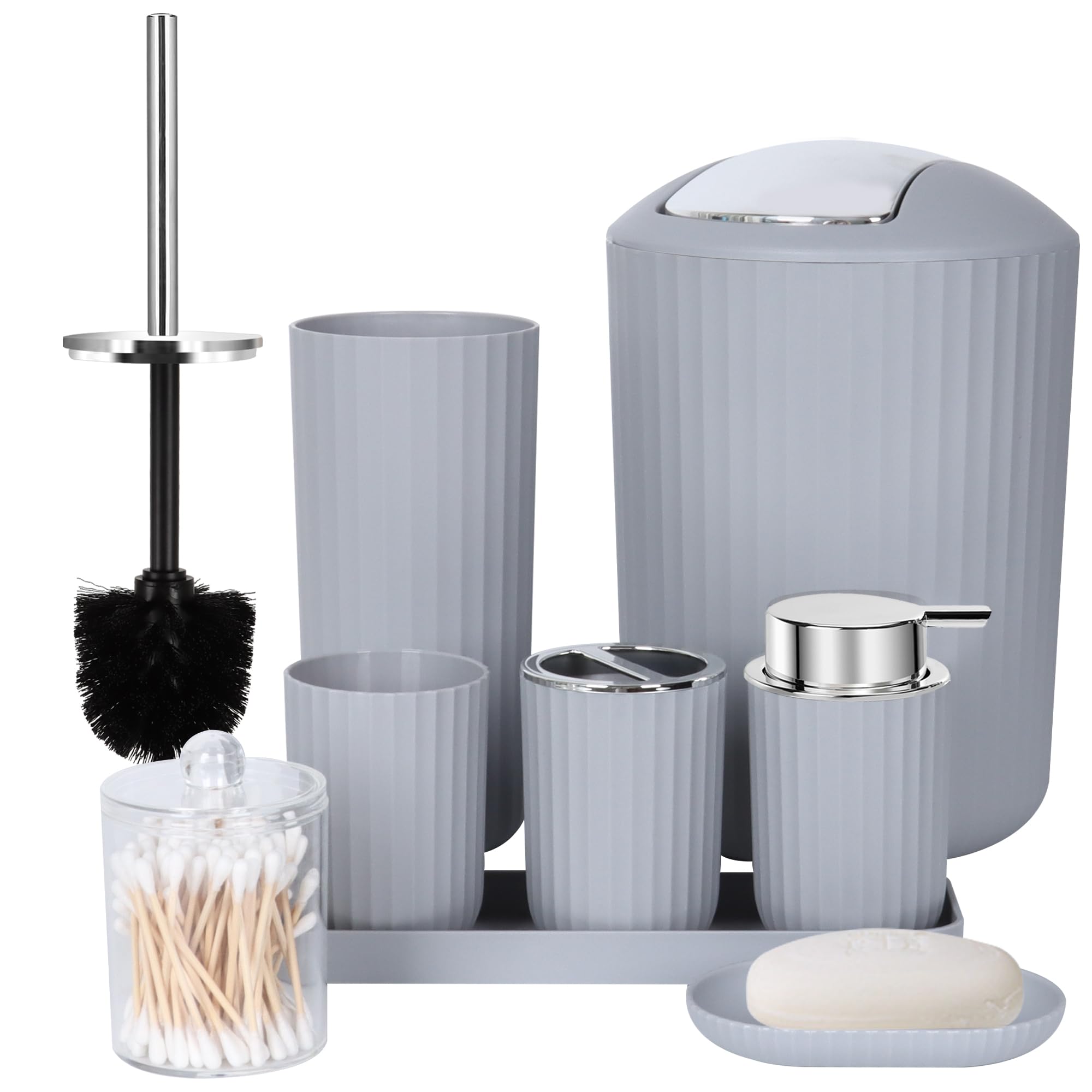 FEILANDUO Bathroom Accessories Sets Complete, 8 Pcs Bathroom Accessory Set with Trash Can, Soap Dispenser, Soap Dish, Toothbrush Holder, Toothbrush Cup, Toilet Brush and Qtip Holders,Vanity Tray,Gray