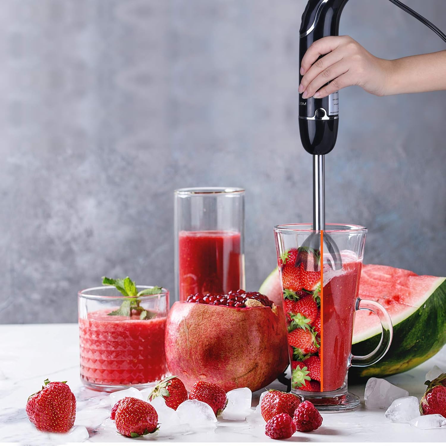 5-in-1 Immersion Hand Blender, MEGAWISE Powerful 800 Watt 12-Speed Stick Blender with Sturdy Titanium Plated Stainless Steel Blades, Including 500ml Chopper, 600ml Beaker, Whisk and Milk Frother Attachments, Dishwasher Safe and BPA-Free: Kitchen & Dining