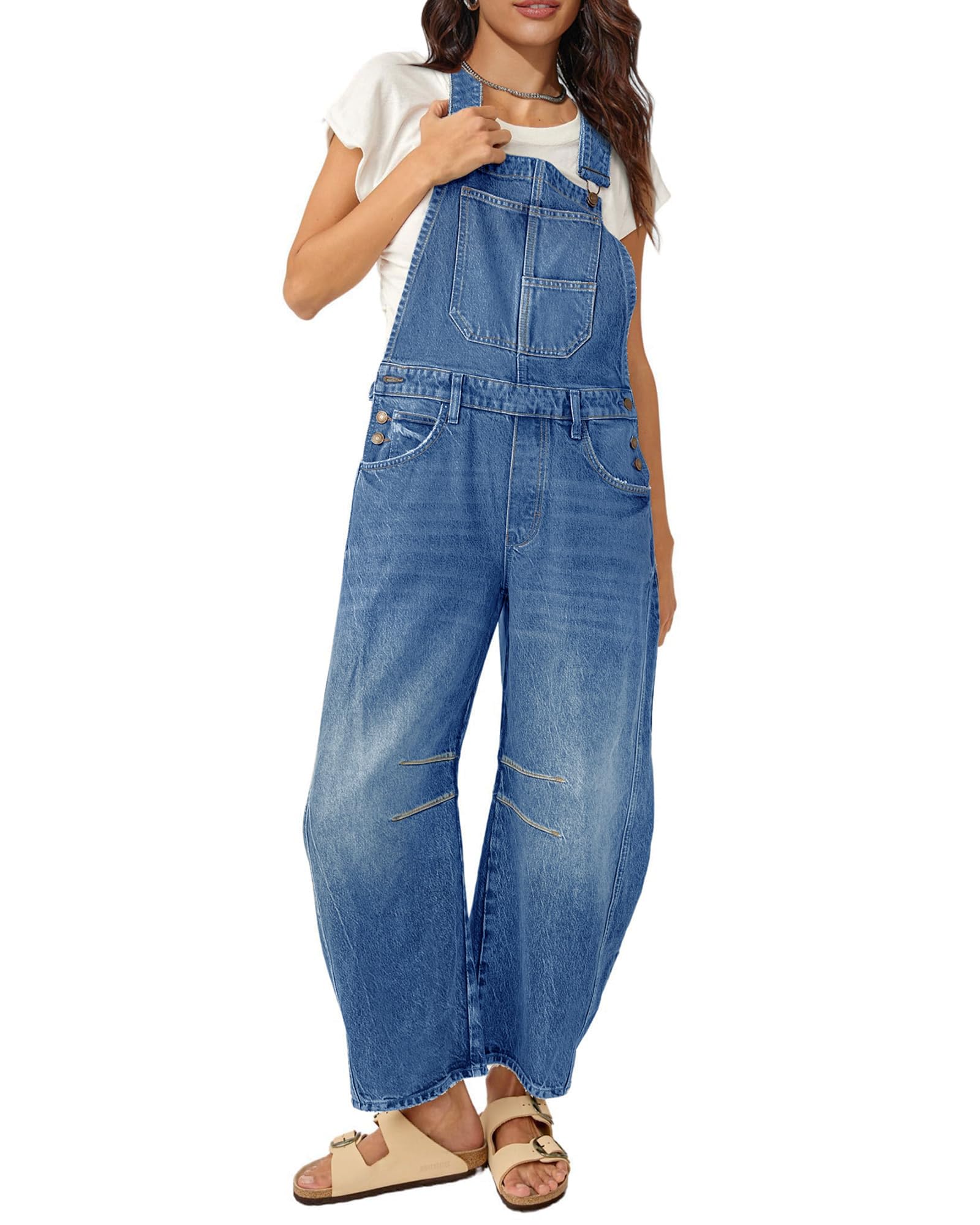 Photo 1 of MAOECO Barrel Overalls Denim Jumpsuits for Women Casual Loose Baggy Jeans Pants Sleeveless Bib Summer Fall Y2k Jumpers with Pockets Dark Blue L